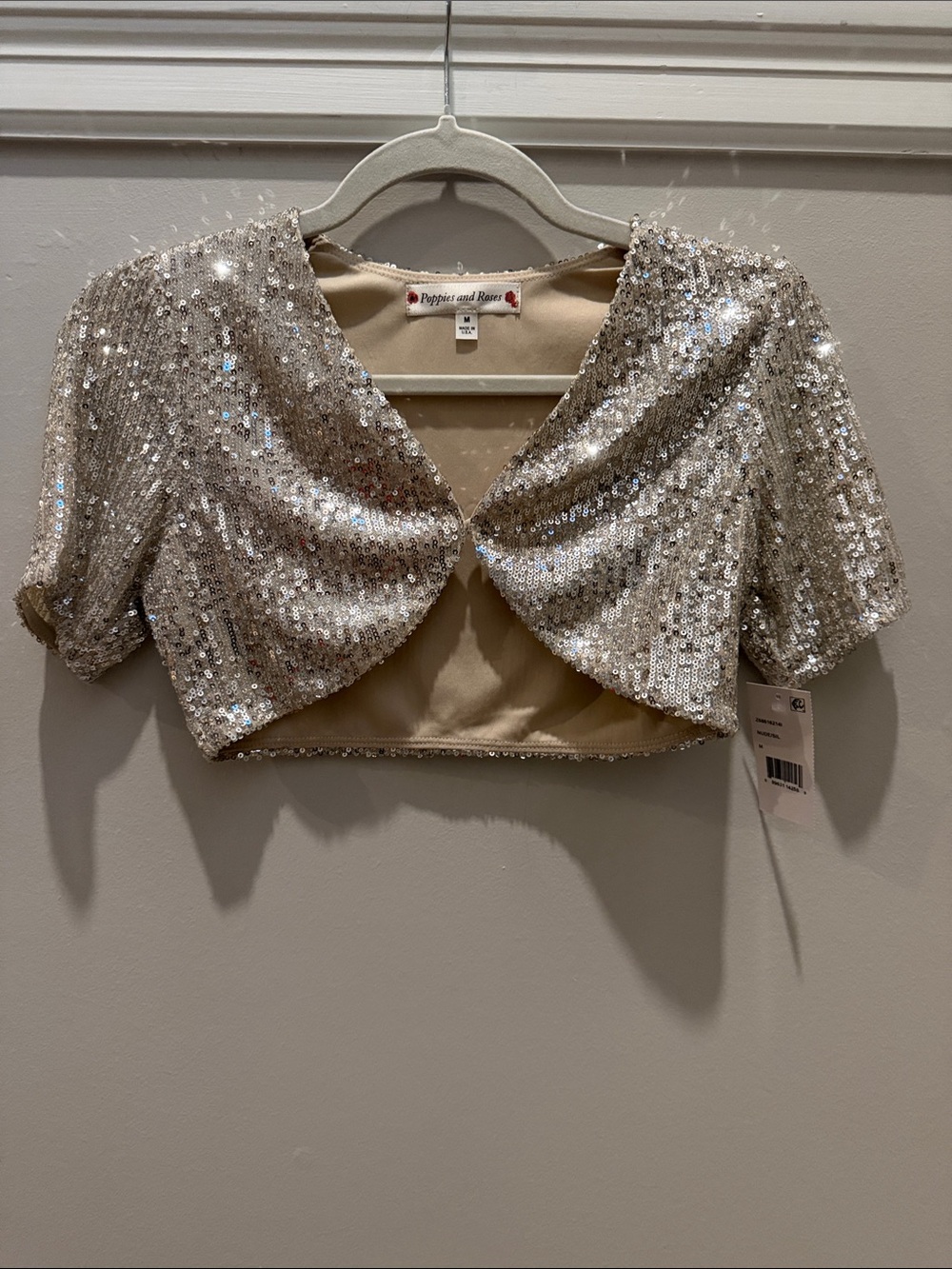 NWT Poppies and Peonies Girls Silver/Nude Sequin Cropped Bolero Sz M